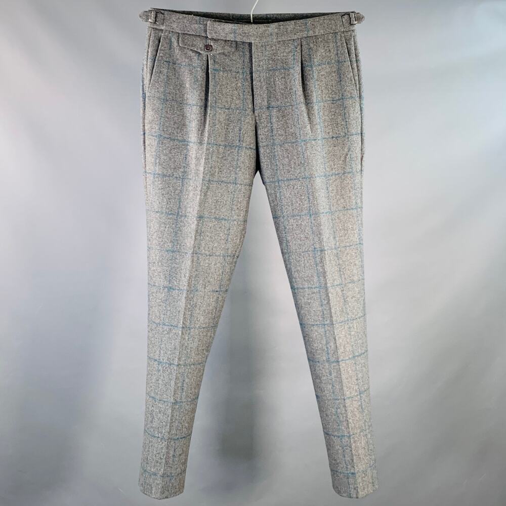 INCOTEX Size 32 Grey Teal Window Pane Wool Pleated Slim Fit Dress Pants